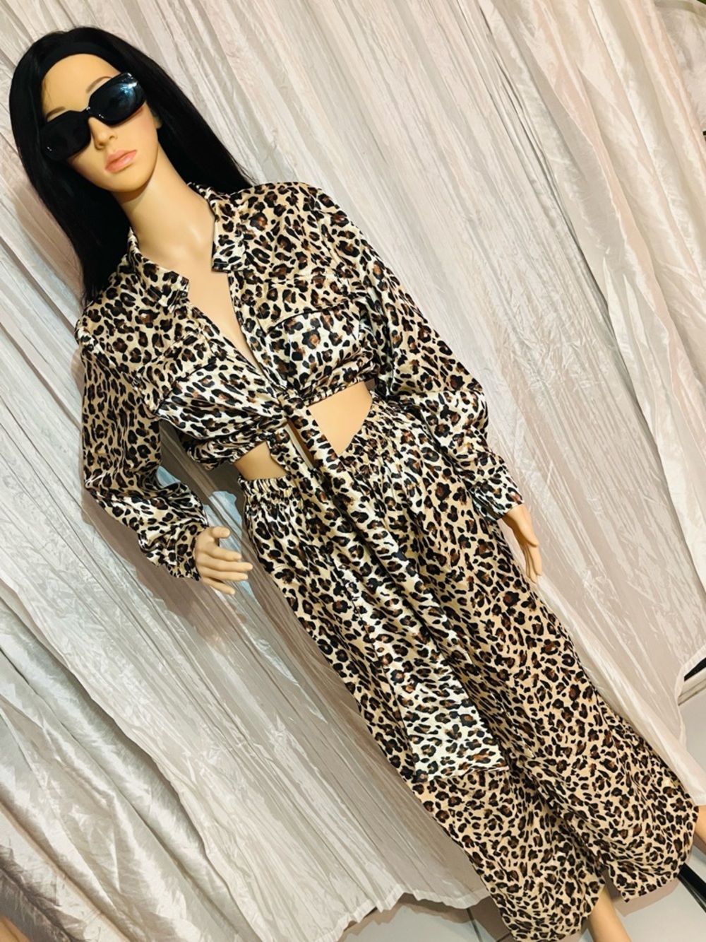 Leopard Print Satin Two-Piece Set - Crop Shirt & Wide Pants